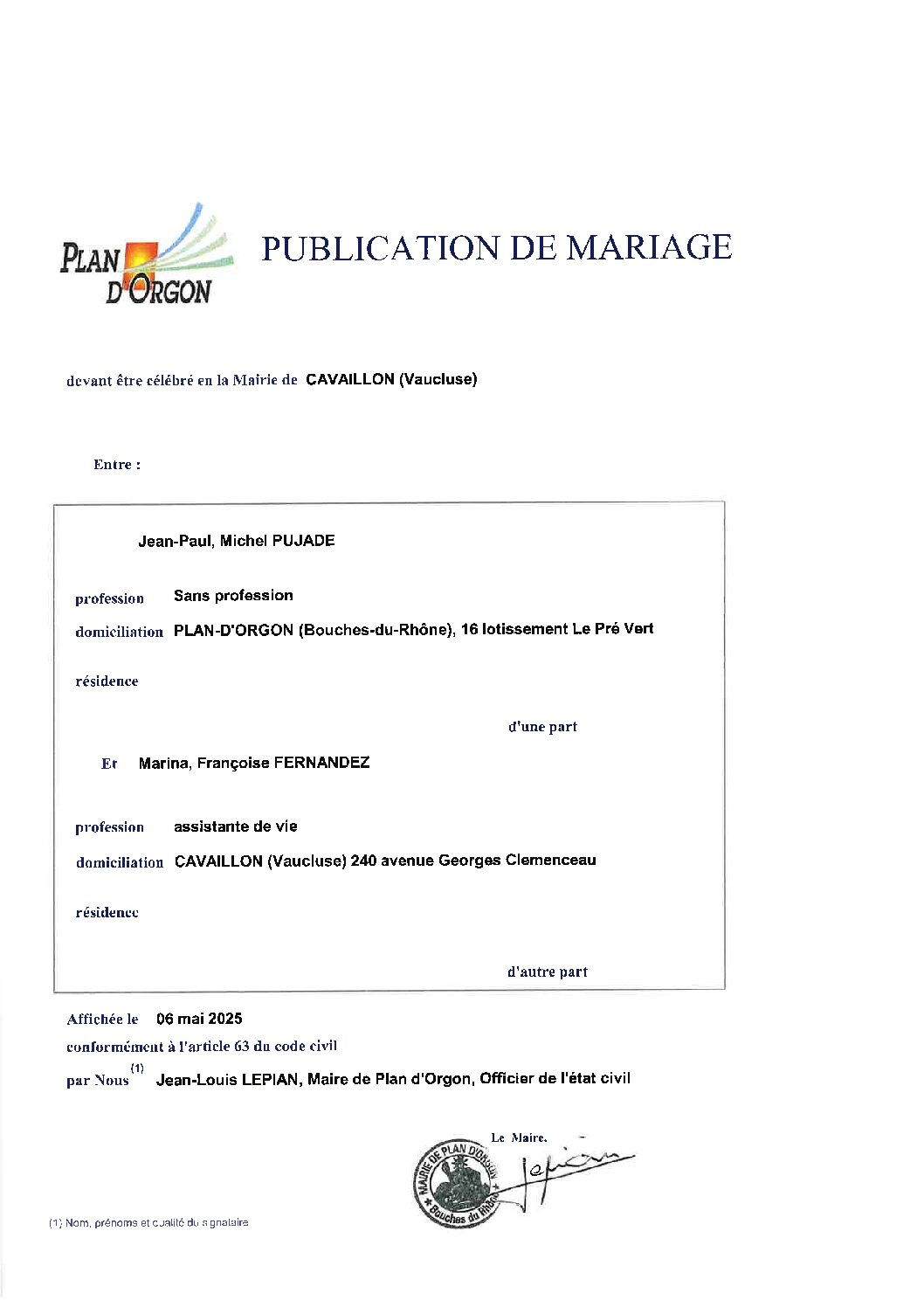 Publication des bans PUJADE/FERNANDEZ
